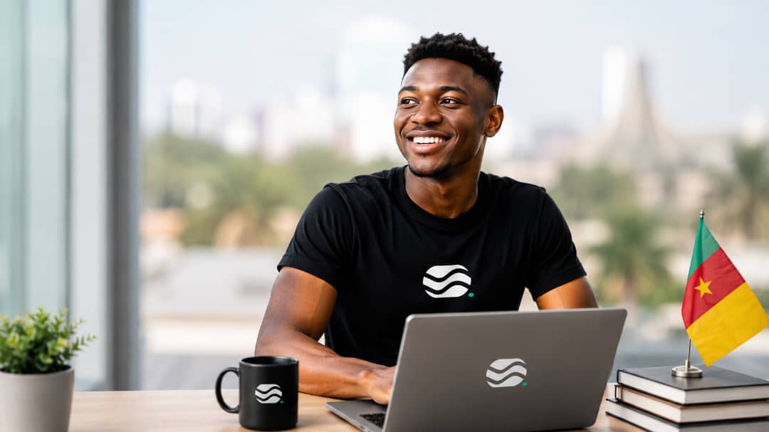 Simplified Arena student working on a laptop in branded apparel